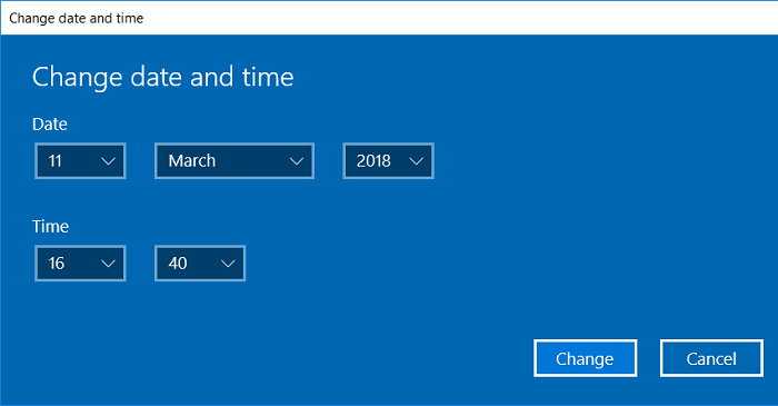 Make the necessary changes in the Change date and time window and click Change