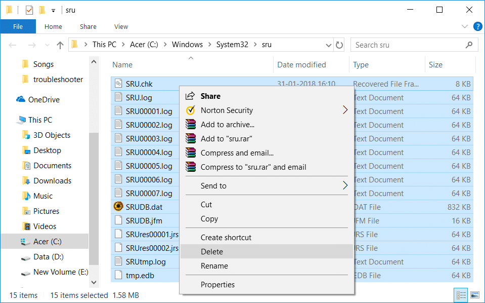Manually delete content of SRU folder in order to reset network data usage