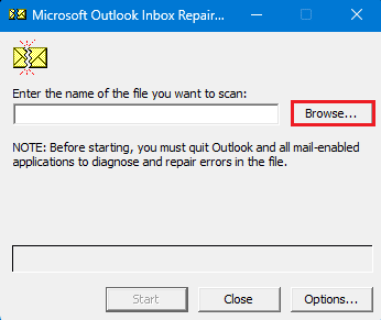 Microsoft Outlook repair scan pst file browse