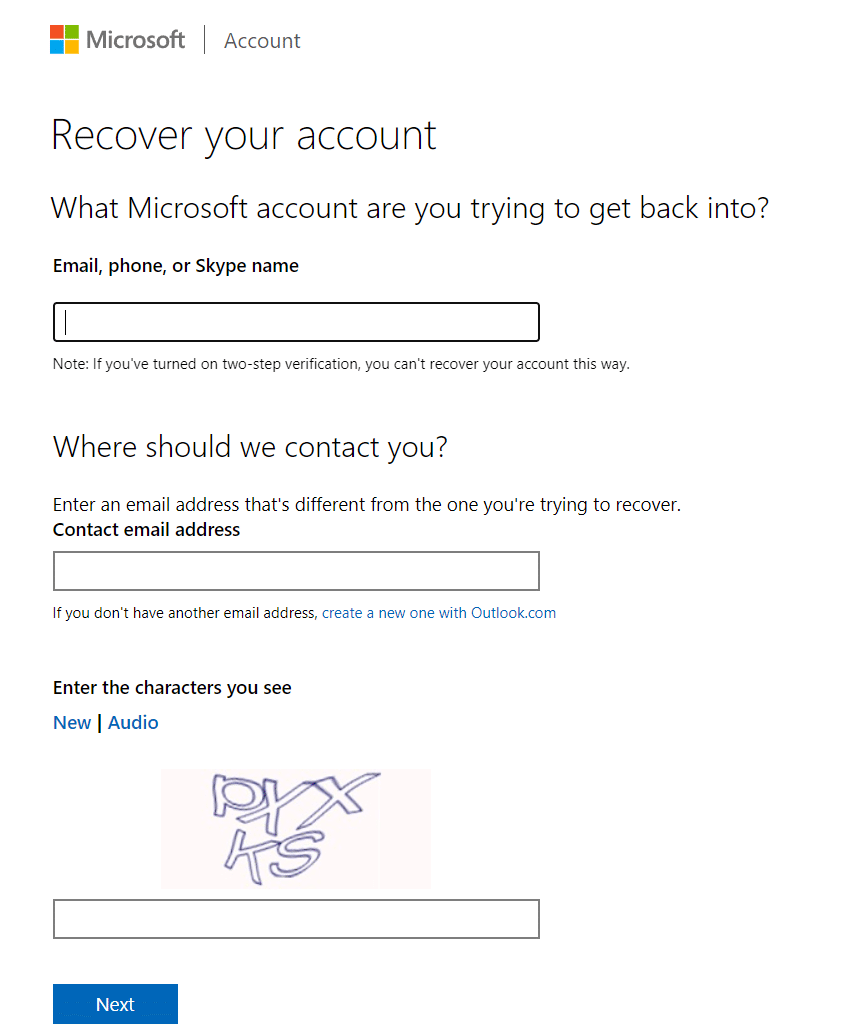 Microsoft Recover your account form