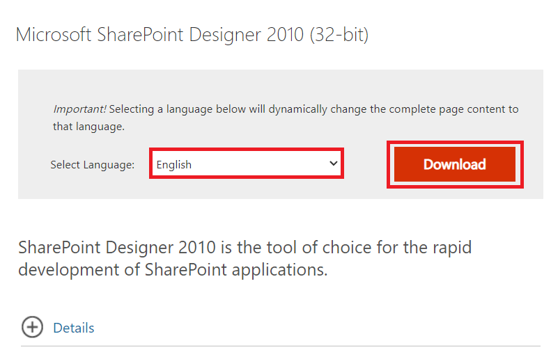Uradna stran Microsoft SharePoint Designer 2010. Izberite angleški jezik in Prenesi