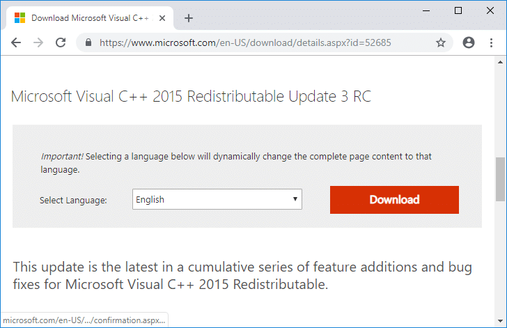 Microsoft Visual C++ 2015 Redistributable Update 3 RC del sitio web de Microsoft
