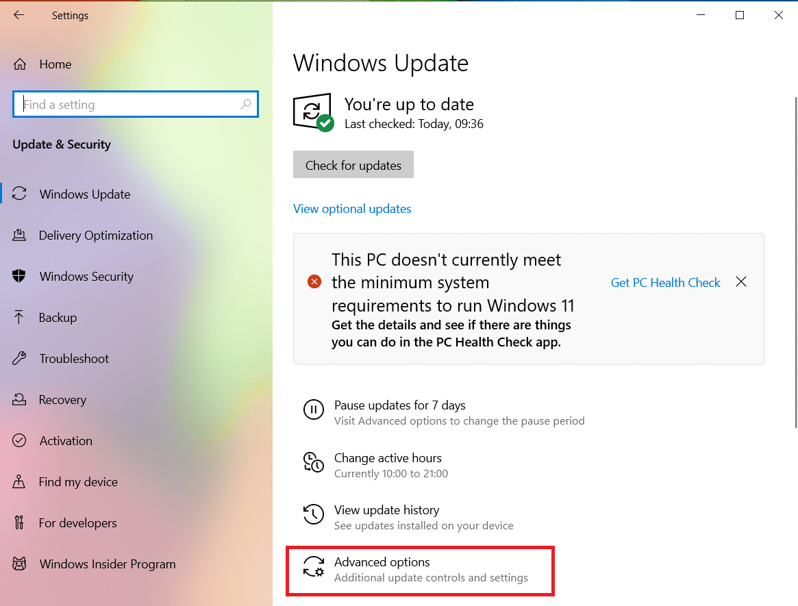 advanced options in update and security settings