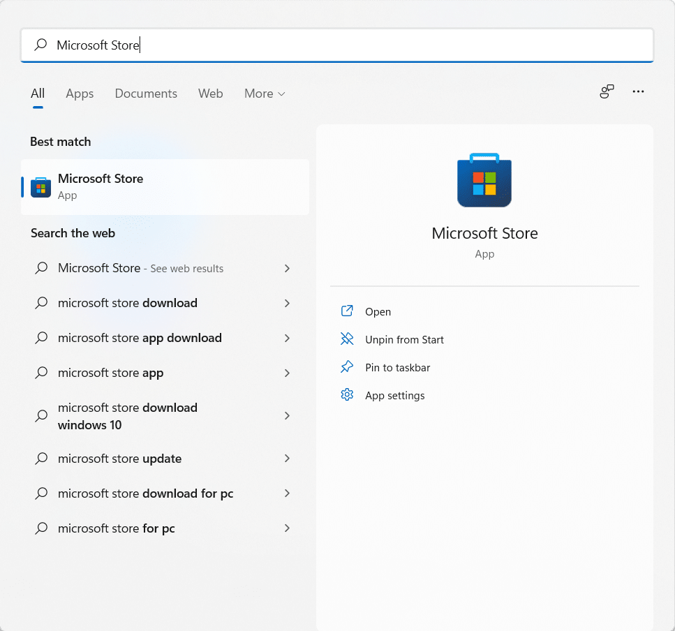 Open Microsoft Store from Start menu search bar. win 11