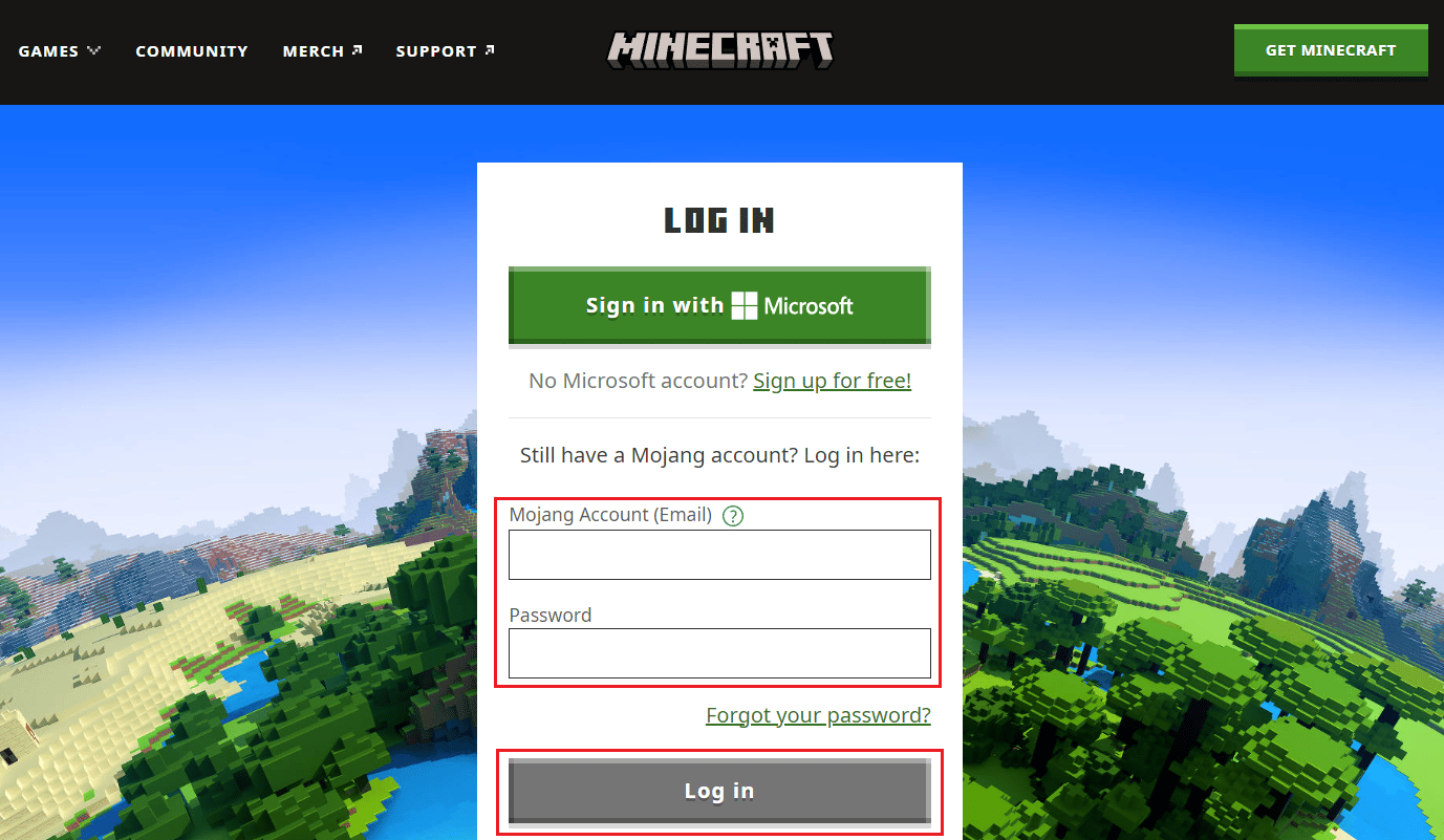 Minecraft Log in page - Enter your Mojang account credentials and click on Log in