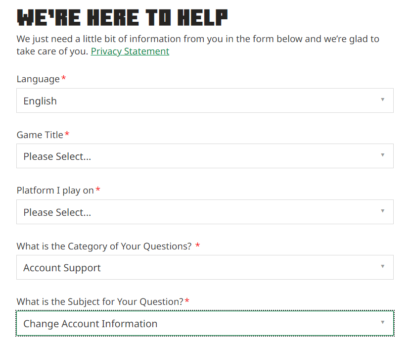 Minecraft Submit a request page - select the desired options - Account Support - Change Account Information