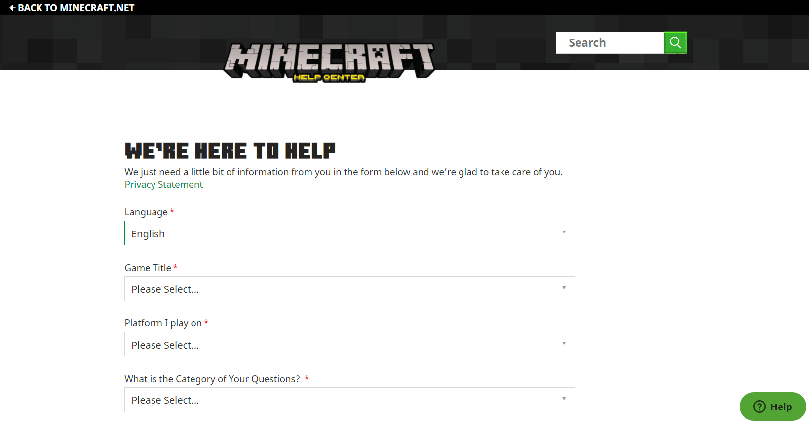 Minecraft help support page