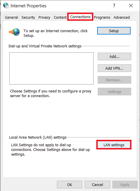Move to Connections tab and click on LAN settings button | Fix ERR_NETWORK_CHANGED in Chrome