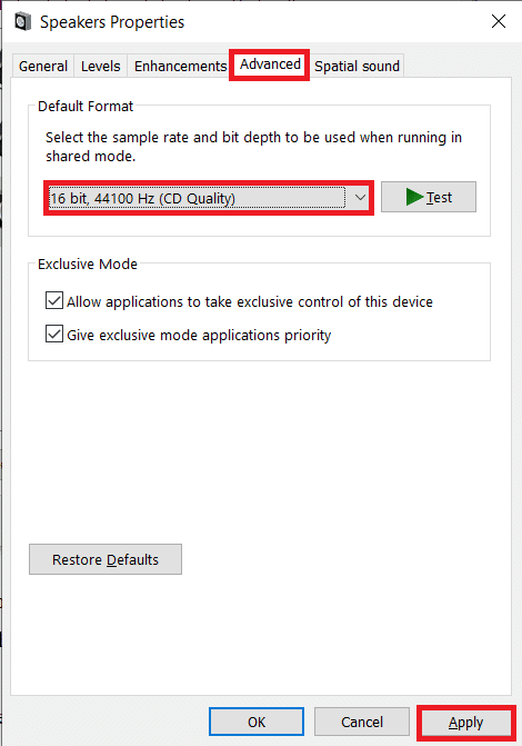 Move to the Advanced tab of the following Properties Window and select 16 bit, 44100 Hz as the Default Format