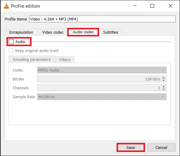 Move to the Audio codec tab now and untick the box next to Audio. Click on Save.
