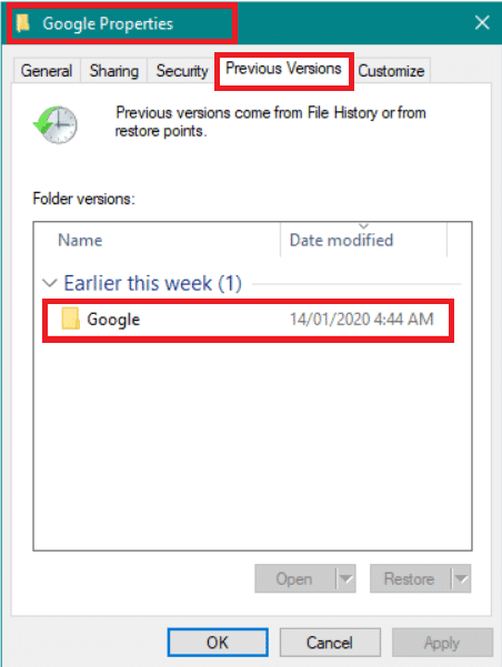 Move to the Previous Versions tab of the Google Properties window. | How to Recover Deleted History On Google Chrome? 