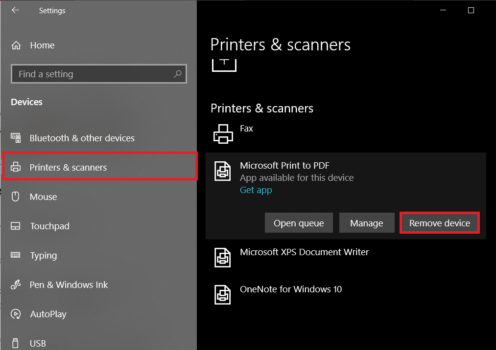 Move to the Printers & Scanners settings and Select Remove Device | Fix Common Printer Problems in Windows 10