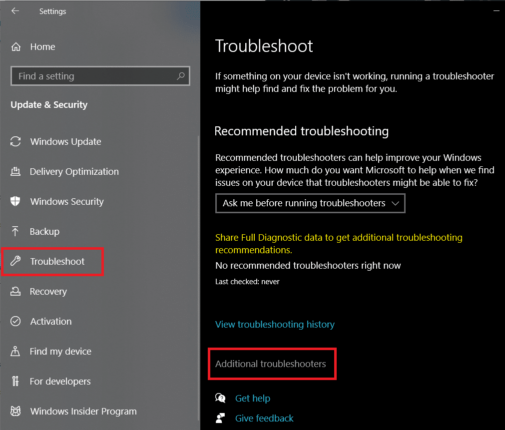 Move to the Troubleshoot settings and click on Additional troubleshooters