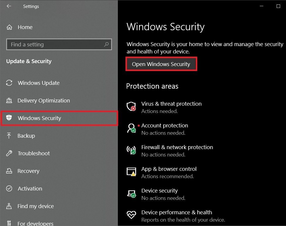 Перейдите на страницу «Безопасность Windows» и нажмите кнопку «Открыть безопасность Windows».
