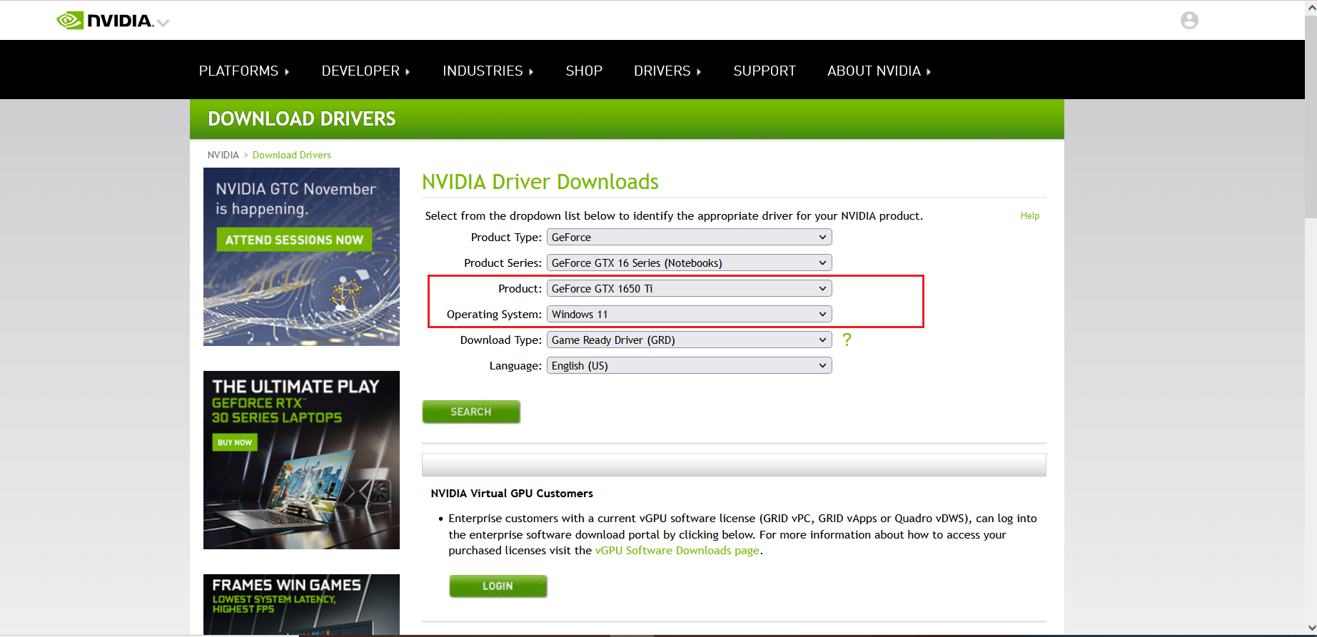 NVIDIA GeForce GTX 1650 Ti Windows 11 download page