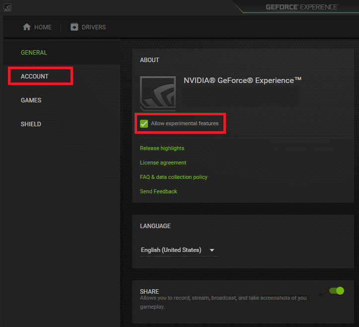 NVIDIA GeForce Share Allow experimental features