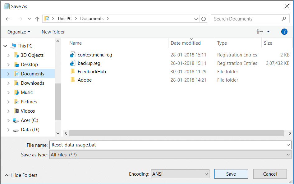Name the file Reset_data_usage.bat and click save