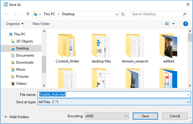 Name the file as Disable_Auto.bat in order Disable Auto Arrange in Folders