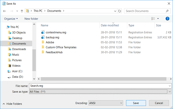 Назовите файл search.reg, затем выберите «Все файлы» и нажмите «Сохранить | Изменить вид папки по умолчанию для результатов поиска в Windows 10