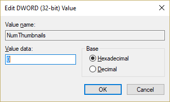 Name this key as NumThumbnails and double click on it to change its value to 0