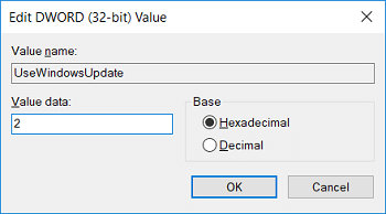 Назовите этот новый ключ UseWindowsUpdate, затем дважды щелкните его и измените его значение на 2.