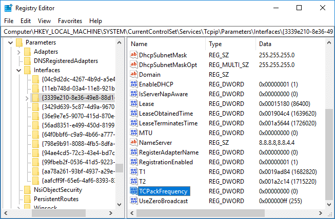 Bu yeni yaradılmış DWORD-u “TCPackFrequency” adlandırın və Enter | düyməsini basın Yüksək Ping Windows 10-u düzəldin