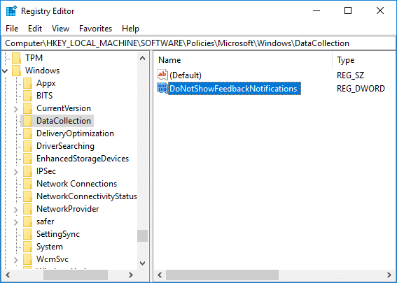 Name this newly created DWORD as DoNotShowFeedbackNotifications and hit Enter