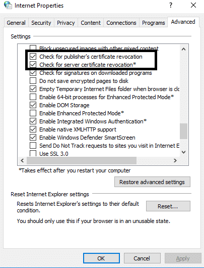 Navigate to Advanced>> Security to disable Check for publisher’s certification revocation and Check for server certificate revocation and click on Ok