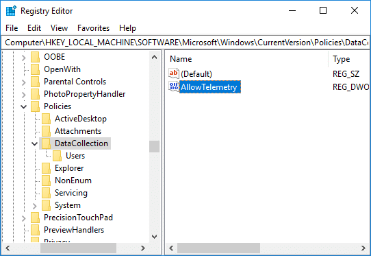Navigate to AllowTelemetry DWORD under DataCollection in registry