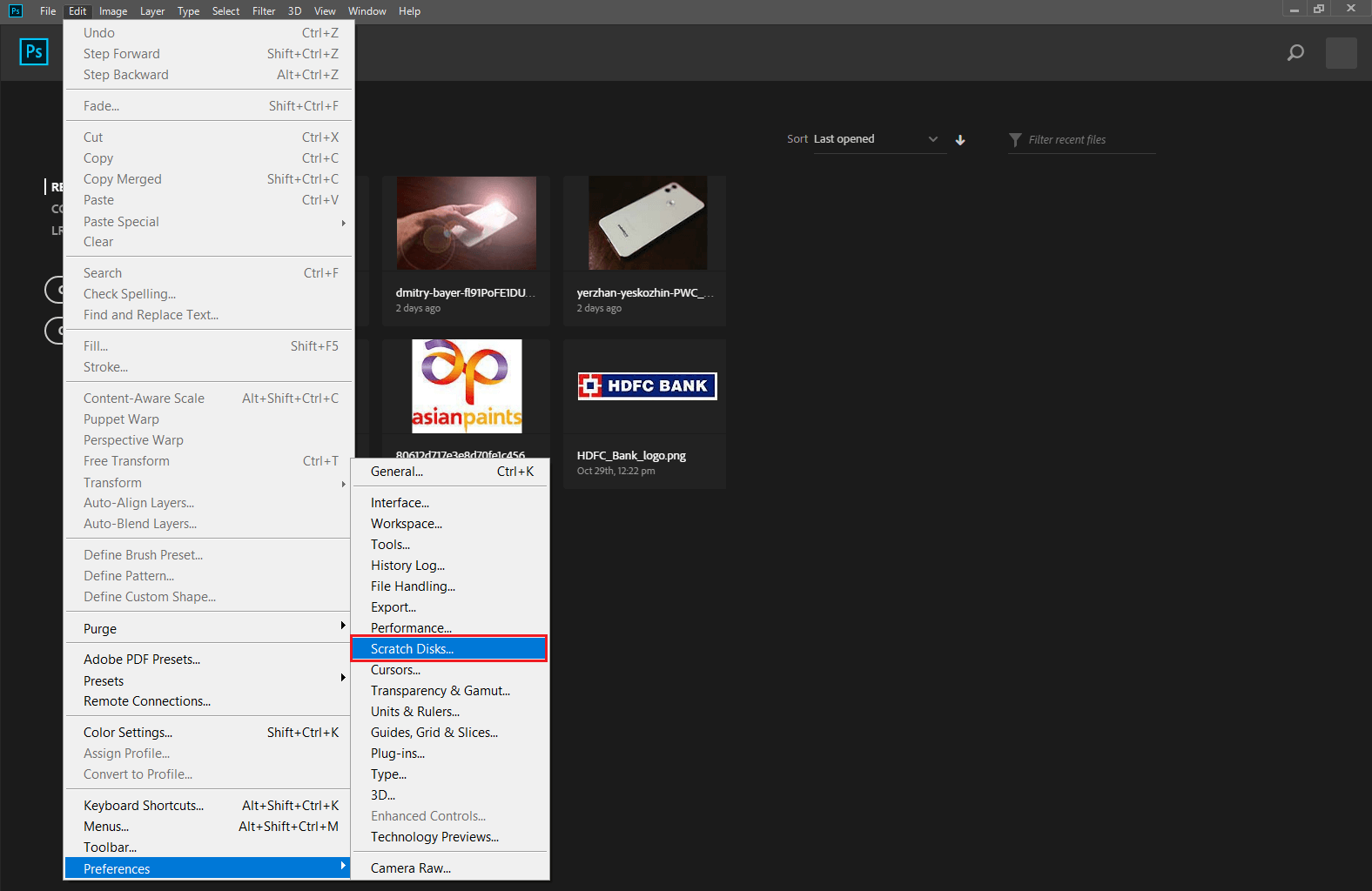 Navigate to Edit then Preferences and select Scratch Disks