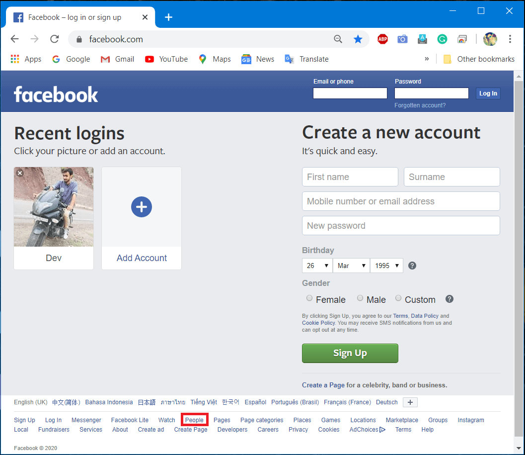 Navigate to Facebook then scroll down and click on People