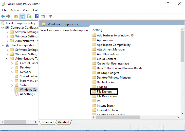 Navigate to File Explorer in Group Policy Editor | Fix Alt+Tab Not Working in Windows 10