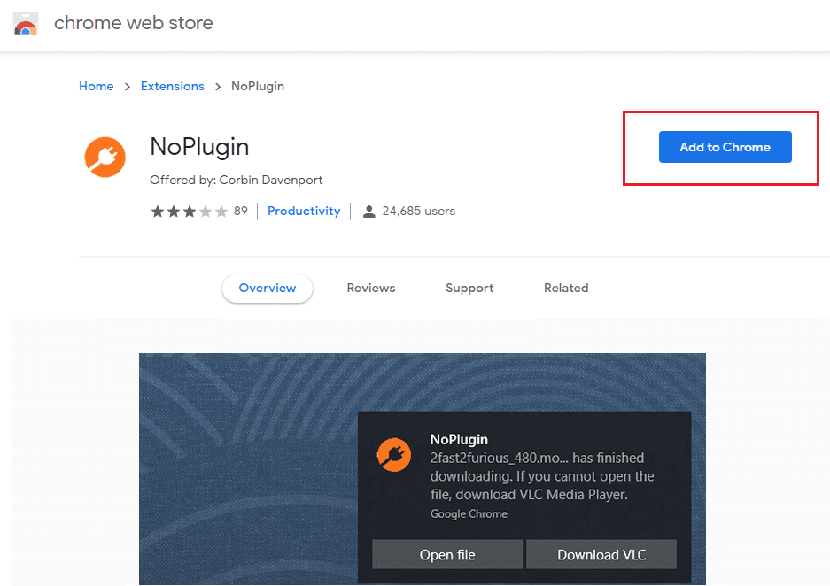 Navigate to NoPlugin page then click on Add to Chrome button