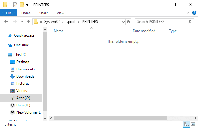 U gudub faylka PRINTERS ee hoos yimaada galka Windows System 32