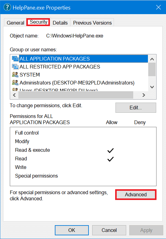 Navigate to Security Tab, Go to Advanced.