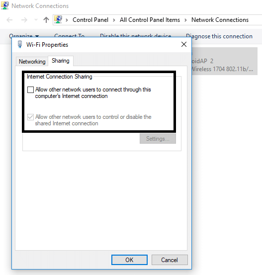Перейдите на вкладку «Общий доступ» и снимите флажки с обеих опций | Исправить мобильную точку доступа, не работающую в Windows 10
