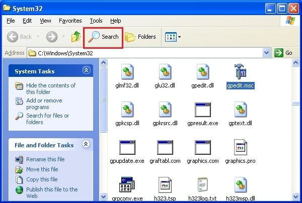 Navigate to System32 under Windows then click on Search button