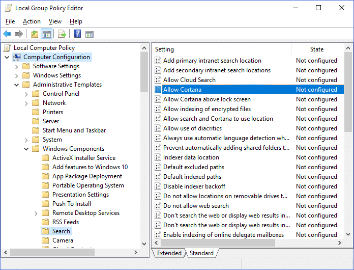 Navigate to Windows Components then Search then click on Allow Cortana Policy