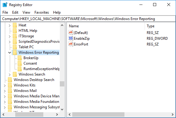 Navigate to Windows Error Reporting in Registry Editor