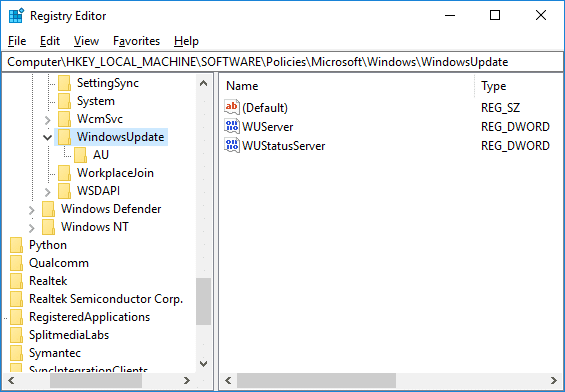 Navigate to WindowsUpdate Registry key