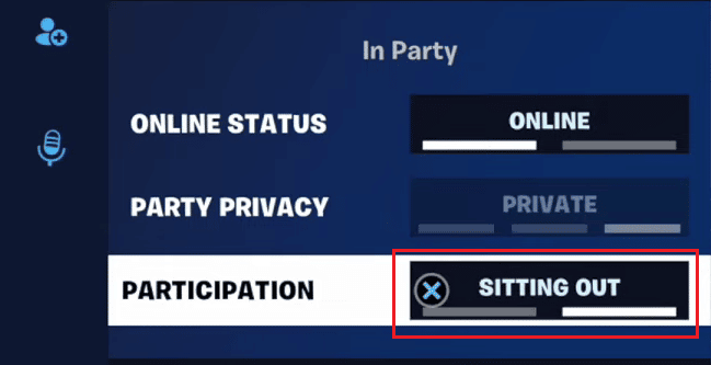 Navigate to the PARTICIPATION option and press the X button again on your controller to toggle to the SITTING OUT status | How to Sit Out in Fortnite on PS4