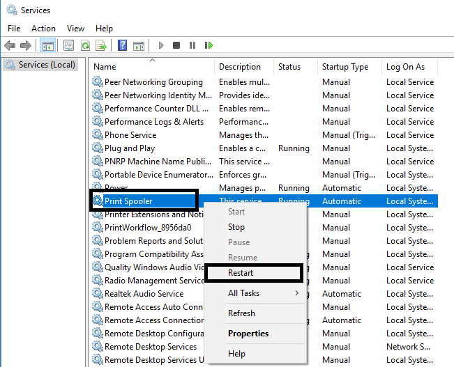 Need to locate Printer Spooler and restart it | Fix Printer Spooler Errors on Windows 10