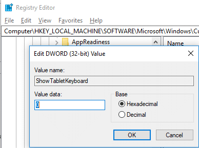 Double click on “ShowTabletKeyboard” under LogonUI