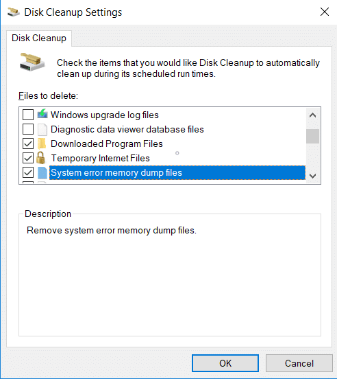 New window of Disk Cleanup Settings will pop up | Delete System Error Memory Dump Files