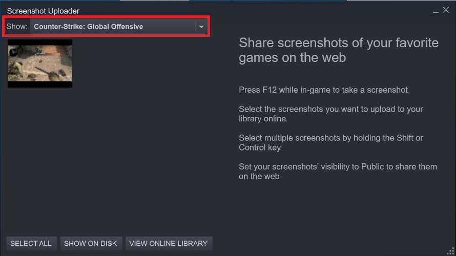 New window titled Screenshot uploader will launch displaying all available screenshots