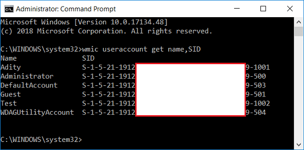Catatkan SID akaun wmic useraccount get name,SID | Namakan semula Folder Profil Pengguna dalam Windows 10