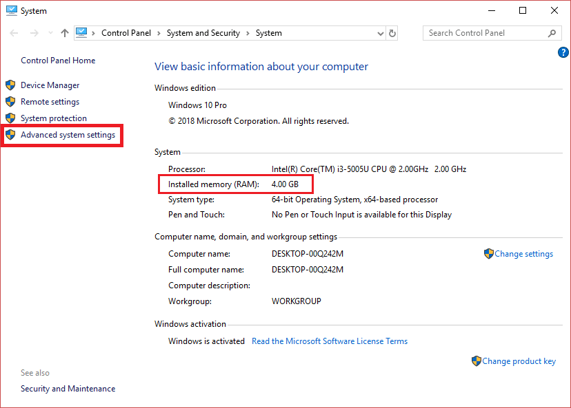 Note down your installed RAM and then click on Advanced System Settings