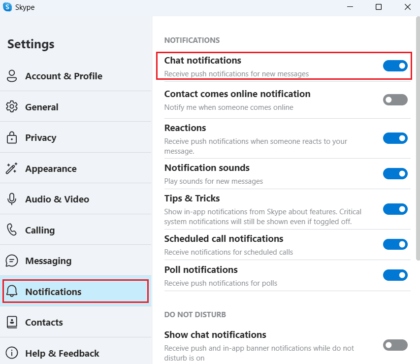 Notifications tab - turn off the toggle for the Chat notifications option | How to Turn Off Skype Split Screen