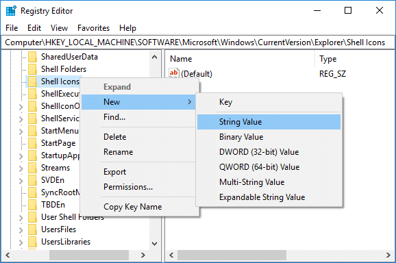 Now Right-click on Shell Icons folder and select New then String Value