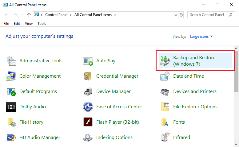 Now click on Backup and Restore (Windows 7) from Control Panel